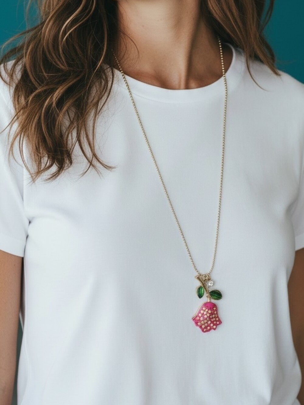 Betsey Johnson Gold-Tone Pink Flower Necklace with Green Leaves
